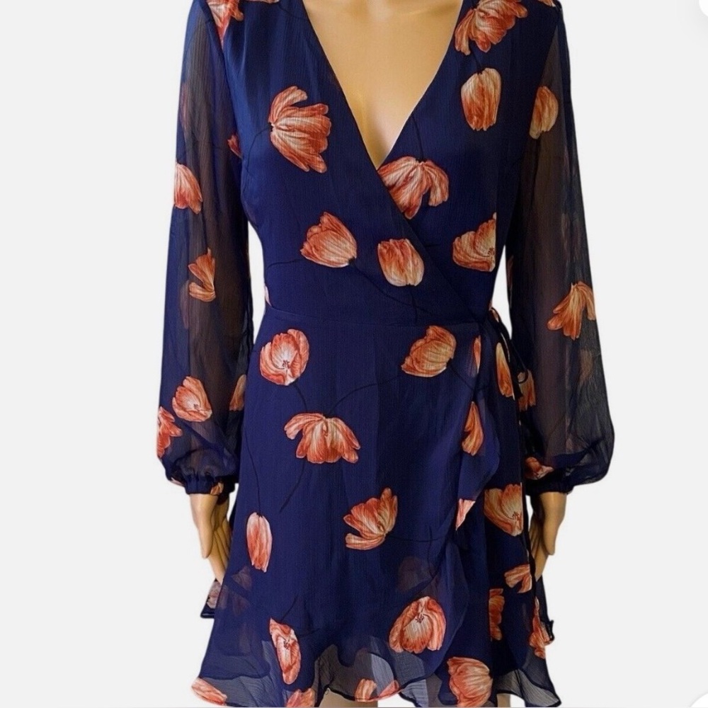 All in Favor Navy and Orange Floral Long Sleeve wrap Dress